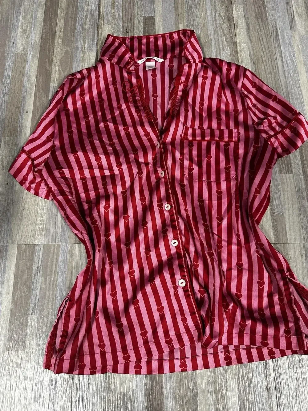 VS Pajama Set Womens XS Pink Heart Stripe Satin Shorts
